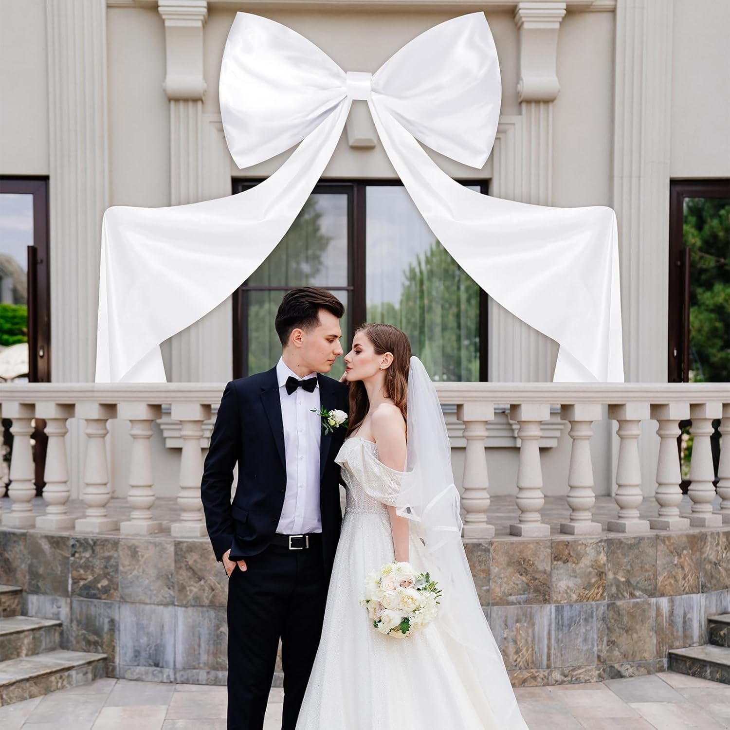 Wavwavw 6.33 Ft Giant Pink Bow Decoration Extra Large Satin Bow with Long Streamers Huge Decorative Bows Oversized Gift Wrapping for Fireplace Mirror Wall Tree Arch Wedding Decor(White)
