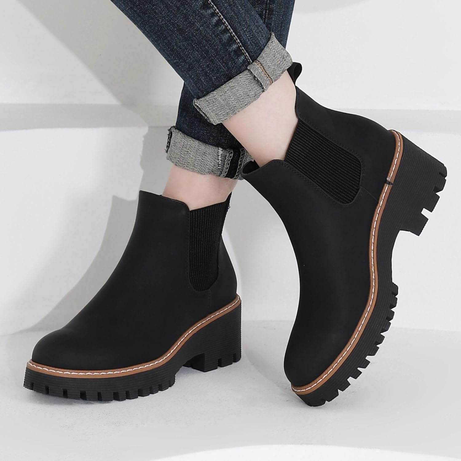 DECARSDZ Womens Chunky Platform Chelsea Boot With Elastic Low Wedge Heel Slip On For Fall Work Suede Leather Classic Style Ankle Boots Women - Image 7