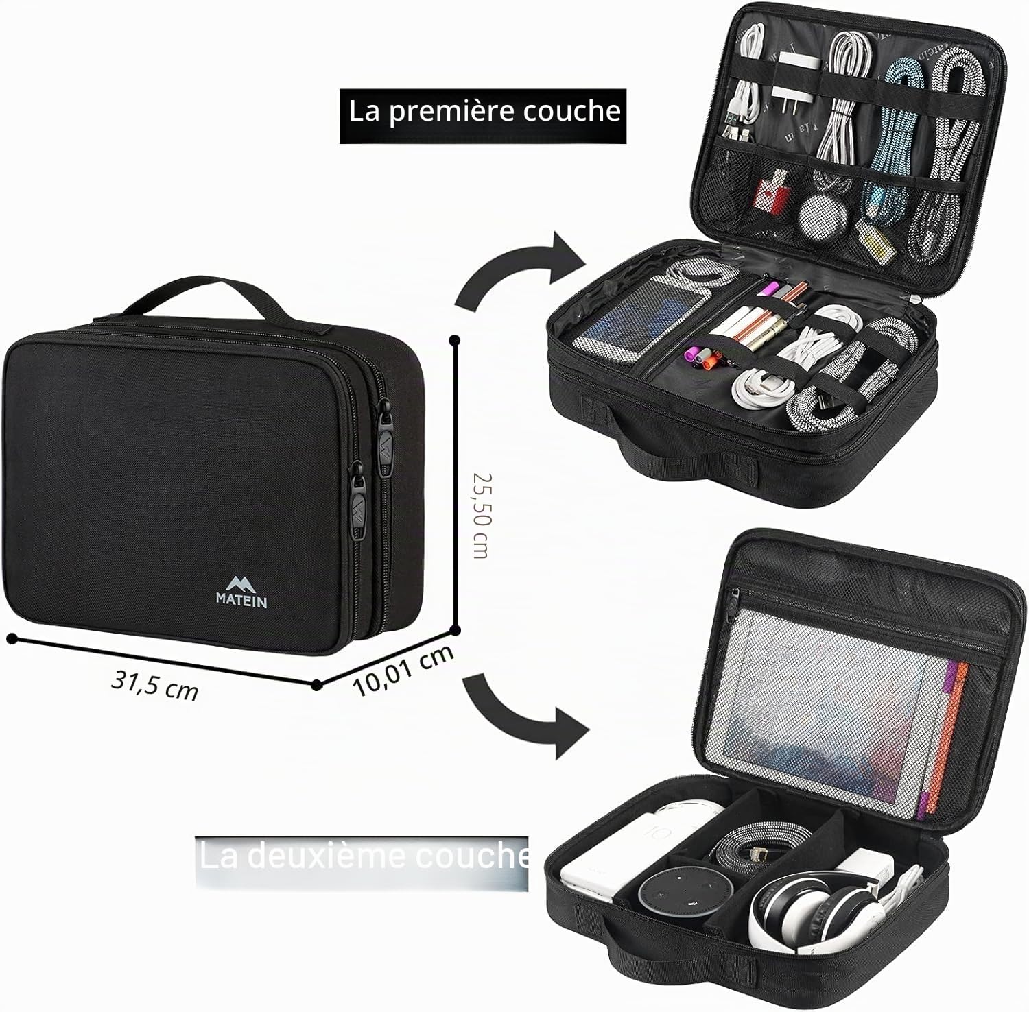 MATEIN Sac Organisateur de Câbles, 2 Couches Noir pour Téléphone Portable, iPad, Chargeur, Alimentation Mobile - Rangement Portable