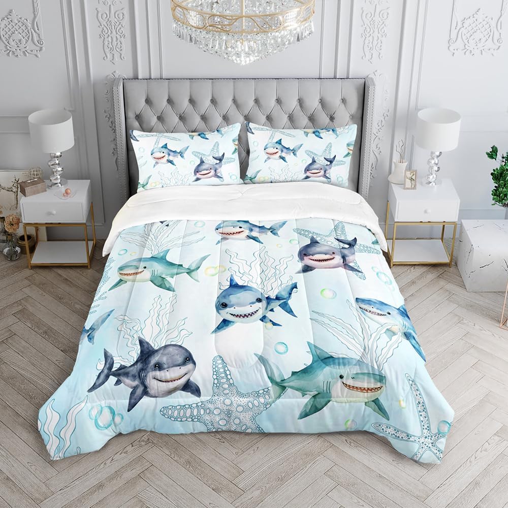 Boys Blue Ocean Shark Comforter Set Twin Size Shark Starfish Bedding Sets Seaweed Quilt Bed Set for Kid Girls with 1 Comforter and 2 Pillowcases - Image 3
