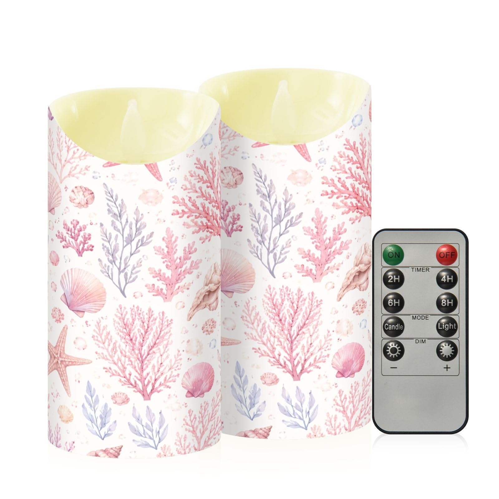 Cgiub Seashells & Coral Flameless Candles with Timer 2pcs Battery Operated Flickering Flameless LED Pillar Candles for Holiday Home Wedding Fireplace Decor