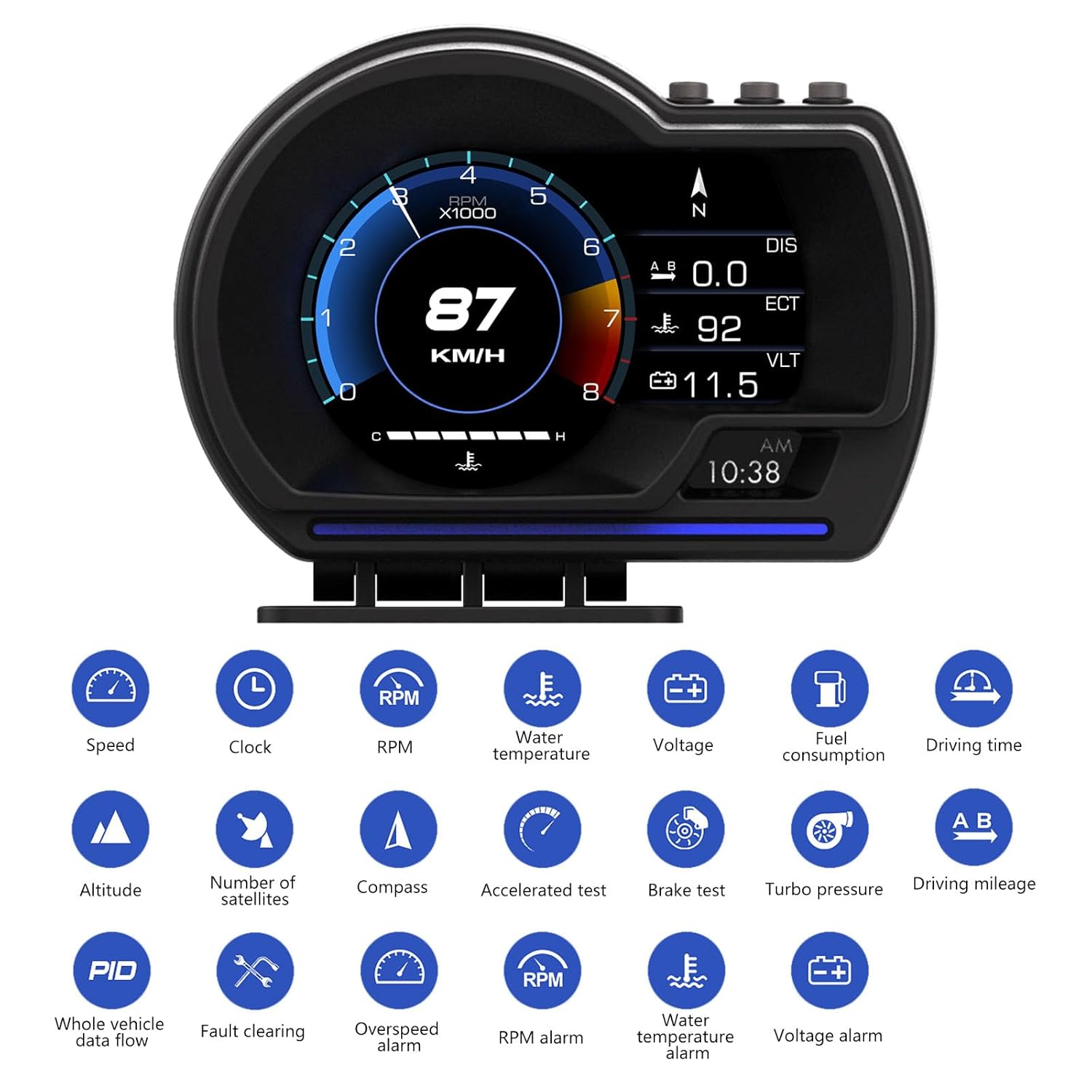 Dyno Racing OBD2 Gauge,OBD+GPS HUD Digital Display Gauge 10 Kinds Display Interface,Speedmeter & RPM,Water Temperature,Voltage,Turbo Pressure,Driving Mileage, Manual Adjusted Alarm Flashing