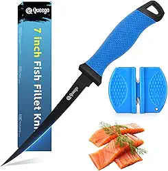 Queego Faca de filete de peixe de 18 cm, lâmina flexível afiada, cabo ergonômico antiderrapante - perfeita para fatiar peixe, inclui bainha de segurança e 1 amolador de facas de dois estágios