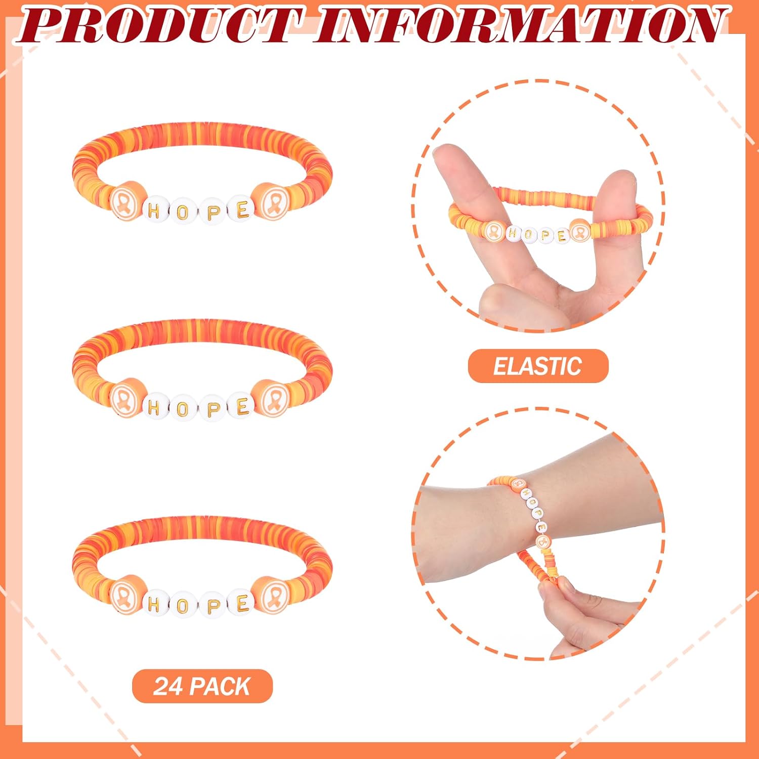 Tondiamo 24 Pcs Breast Cancer Awareness Bracelet Bulk Hope Pink Ribbon Polymer Clay Beaded Bracelets Inspiring Breast Cancer Awareness Wristband Accessories Gifts Bulk for Women Party Supplies Favor - Image 2