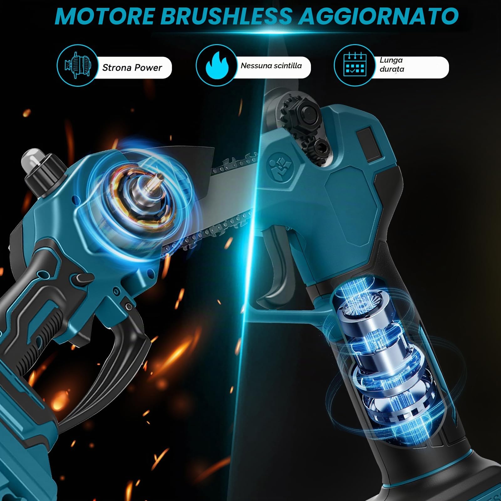 Mini Motosega 8 Pollici con Prolunga + Cesoie Elettriche 30 mm Compatibile con Batteria Makita 18V, Set Attrezzi da Giardino 4 in 1 Portata Massima 4,57 m per Potatura Alberi (Senza Batteria)