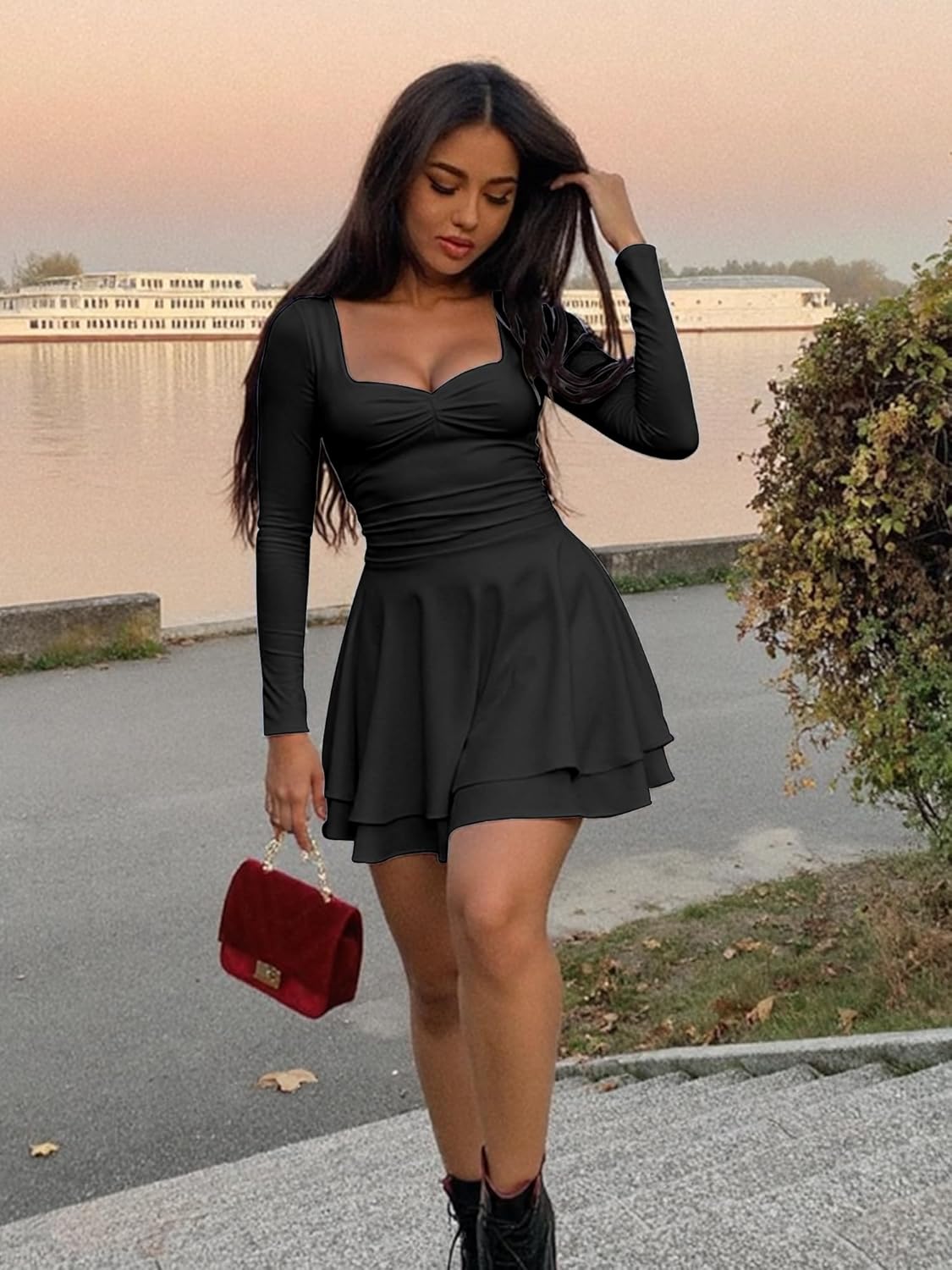 Kaximil Women's Long Sleeve Square Neck Mini Dress Ruched Ruffle Corset A Line Party Short Dresses - Image 5