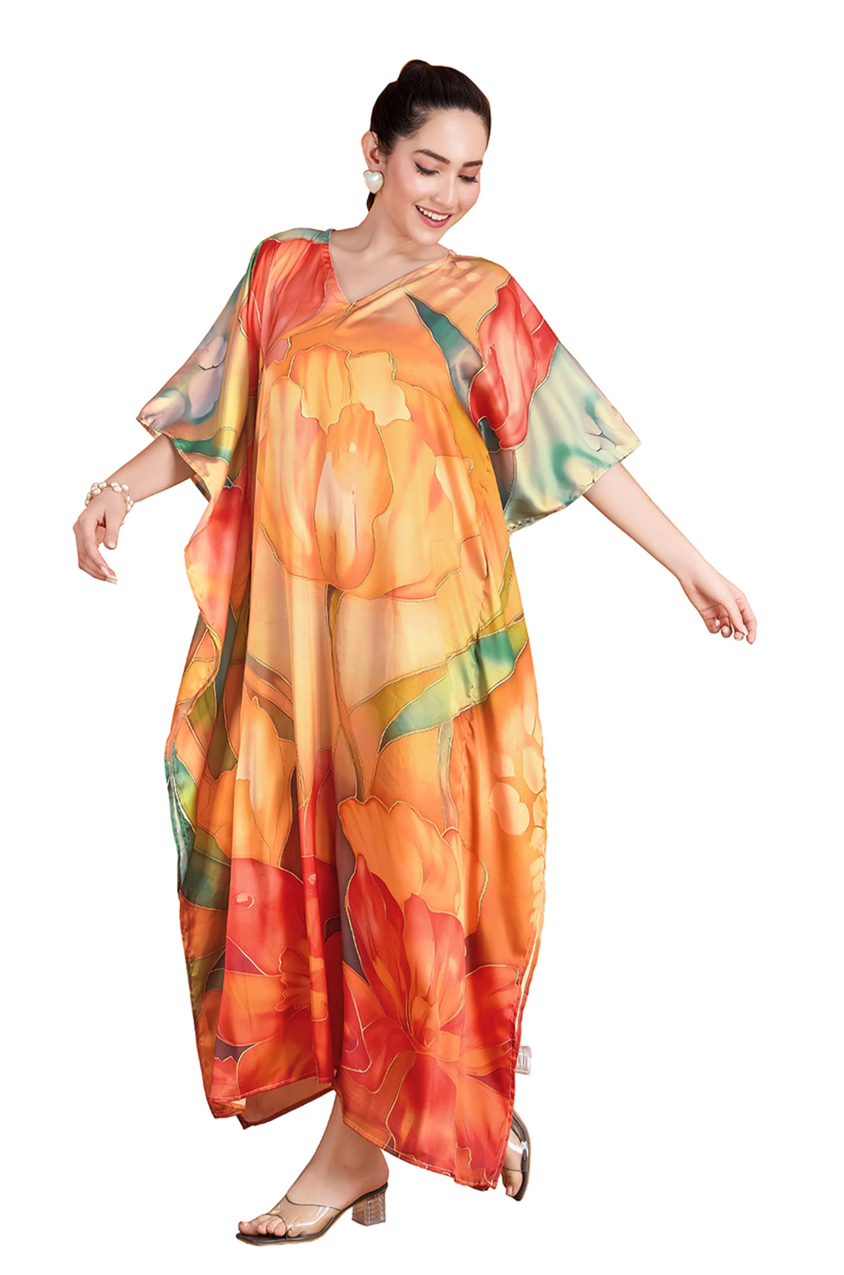label aarna Satin Kaftan Dress for Women | Digital Print | Free Size M to 3XL | Hidden Adjustable Belt | Maxi Outfit | Elegant Long Dress | Fancy Casual wear-picture-43