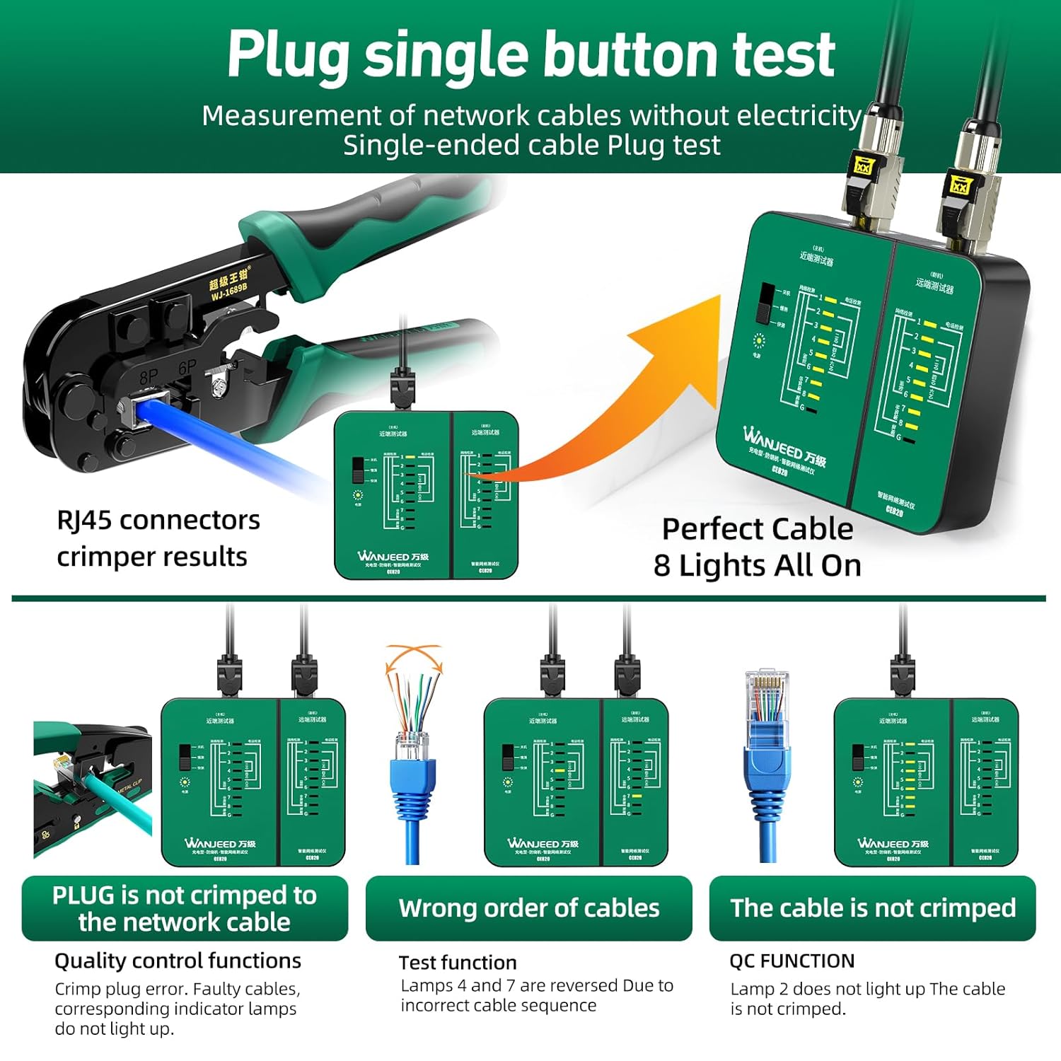 Professional Rechargeable Network Cable Tester - for RJ45/RJ11/RJ12, Tests CAT5/CAT5e/Cat6/Cat6a/CAT7 UTP/STP, PoE & CAT3, Wire Mapping, Fault Finder-Green-CE820