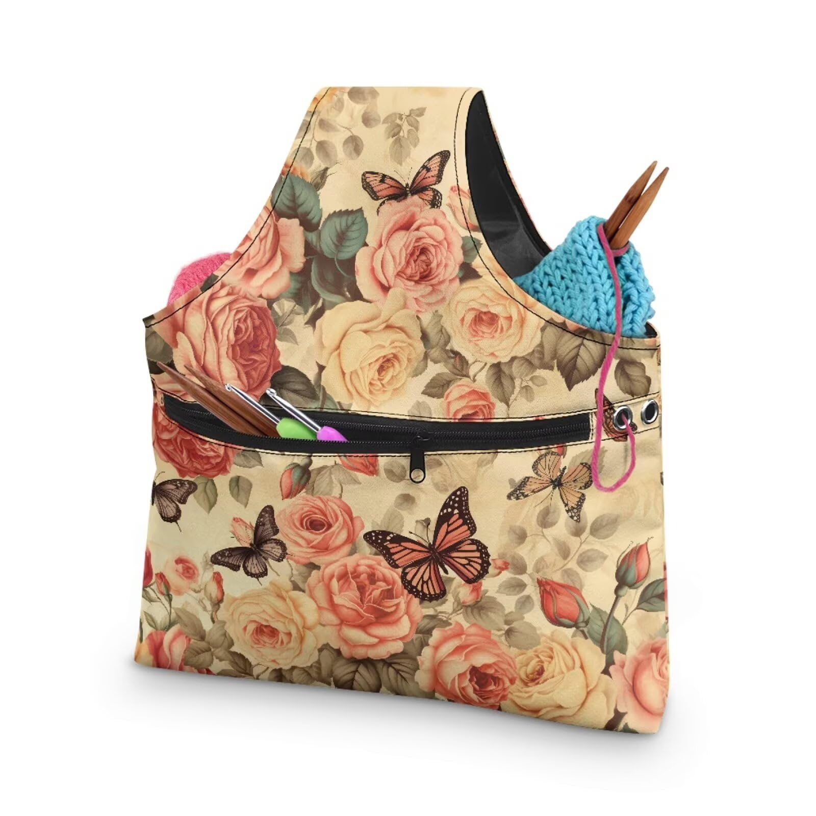 ASQVTIFE Vintage Butterfly Yarn Bag Organizer Embroidery Project Bag Flower Needlework Tool Tote Bags Crochet Accessories Stylish Large Crochet Bags for Crocheting Project