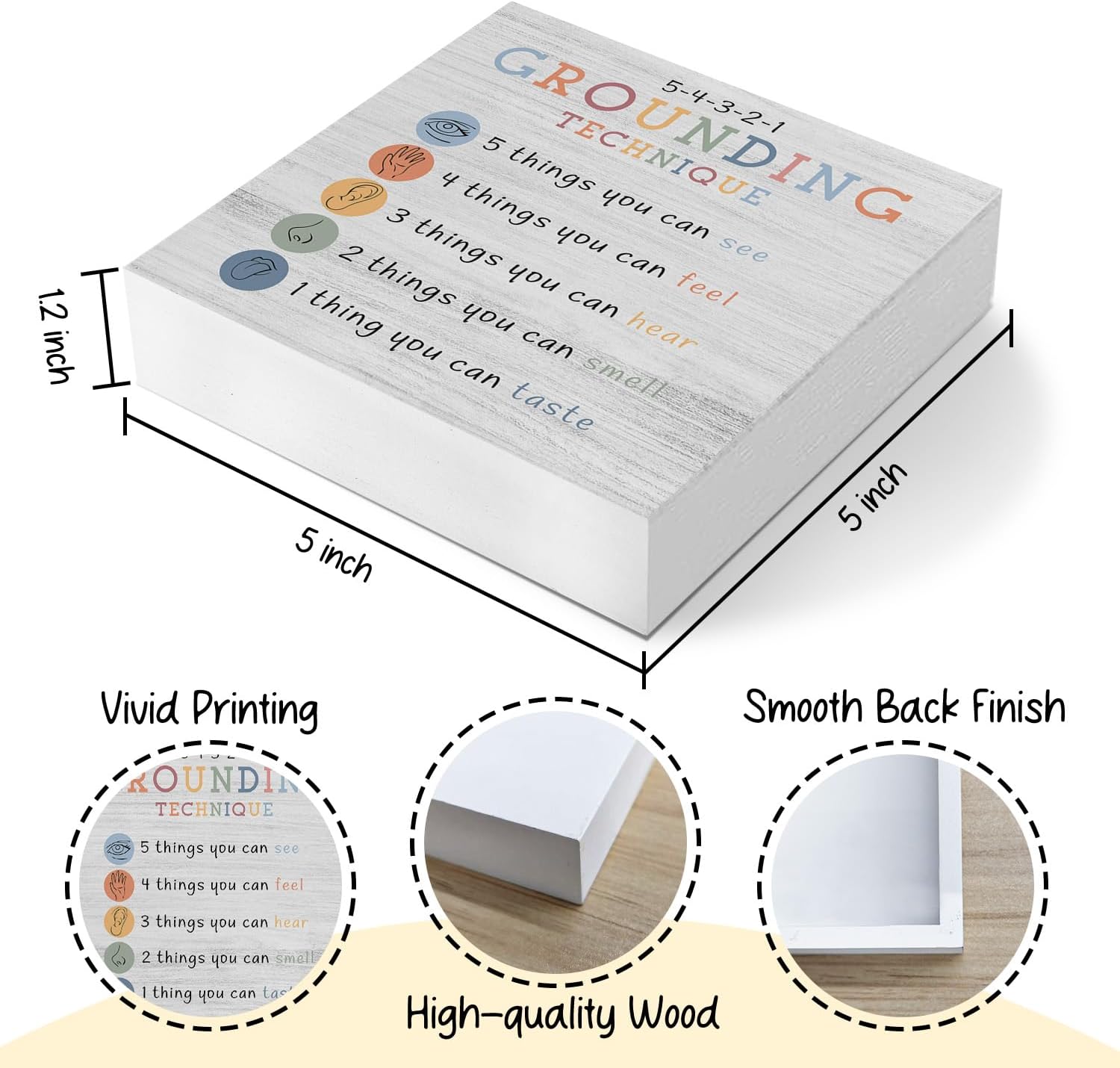 Mental Health Wooden Box Sign, Therapy Office Decor, Grounding Technique Wood Block Box for School Counselor Counseling Mental Health Office Desk Shelf Table Decor, 5x5 Inch - Image 7