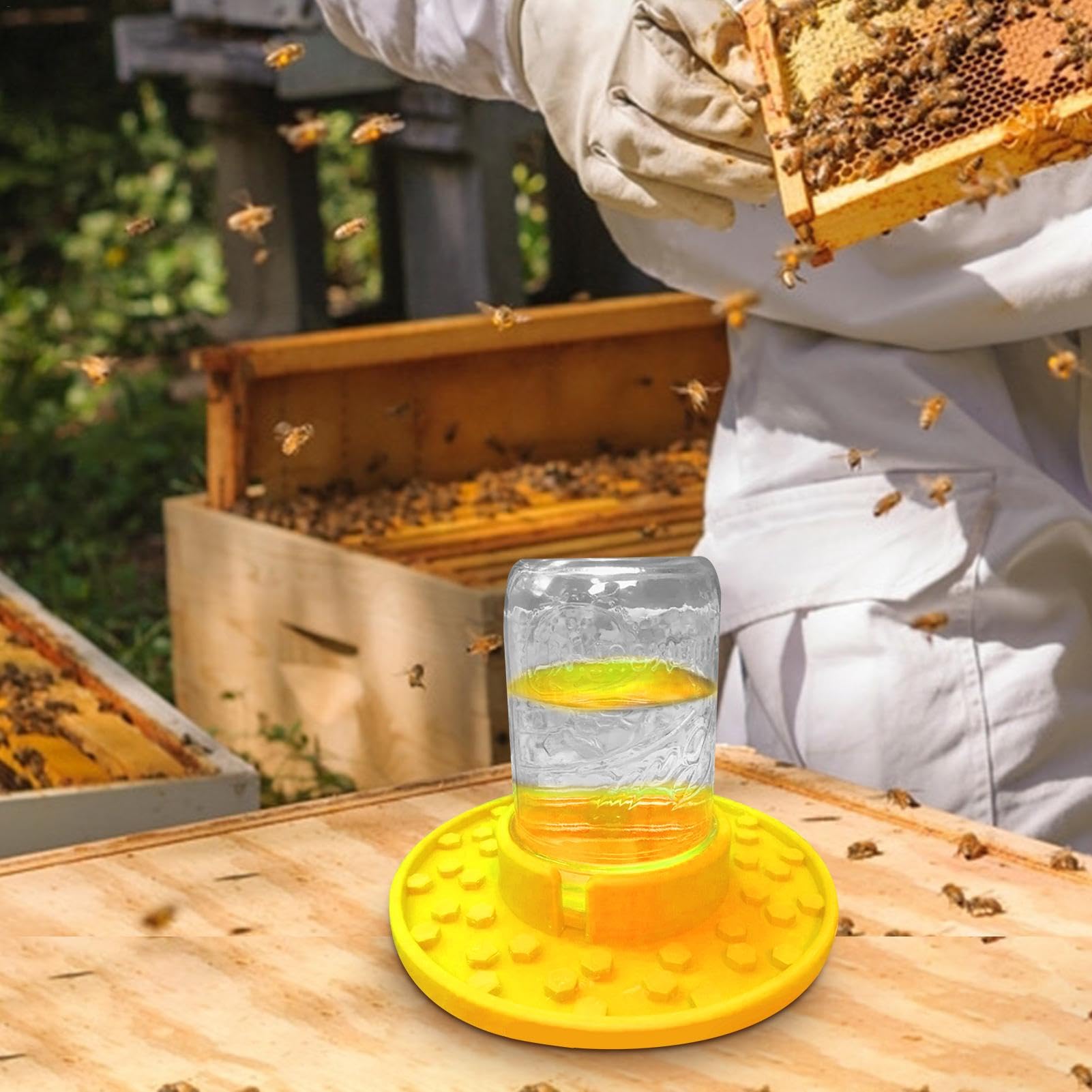 Produktbild von Kuxiptin Bienentränke Als Einmachglas-Aufsatz – Futterstation Für Bienen, Mit Zuckerwasser-Spender, Für Normale Glasöffnung, Garten-Deko (ohne Flasche)