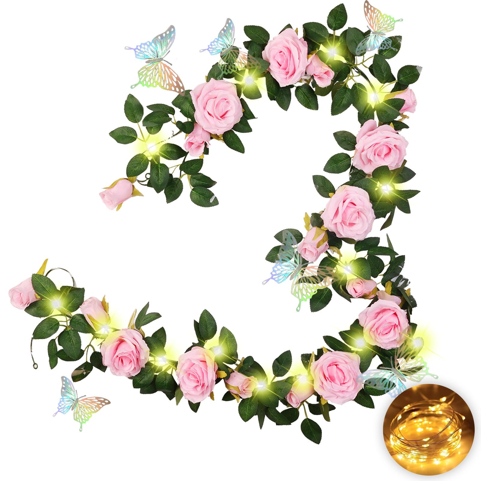 2PCS 13Ft Pink Flower Rose Garland with 2Pcs 10.83Ft Lights and 12Pcs 3D Butterflies, Artificial Pink Rose Vines Floral Garland Silk Roses for Bedroom Valentine Wedding Arch Bathroom Wall Decor
