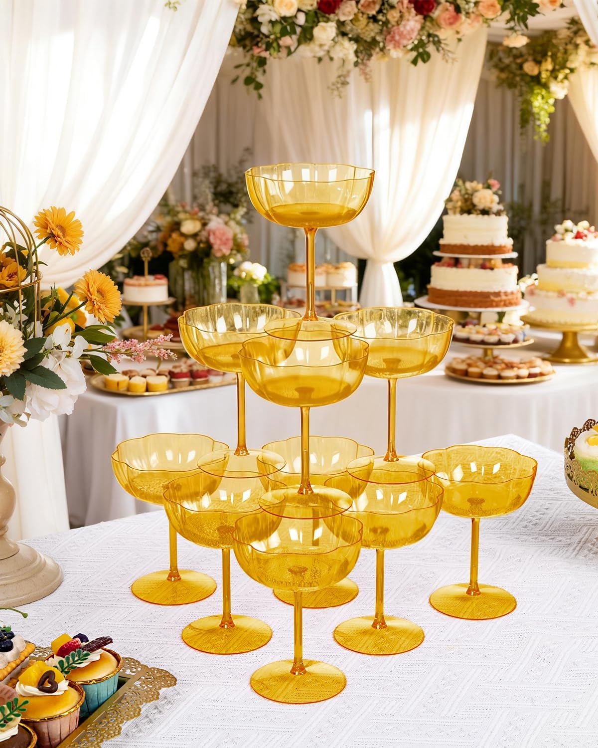 Ciaell 12PCS Pink Plastic Ribbed Martini Glasses - 12PCS Amber Plastic Martini Glasses for Party & Anniversary & Wedding