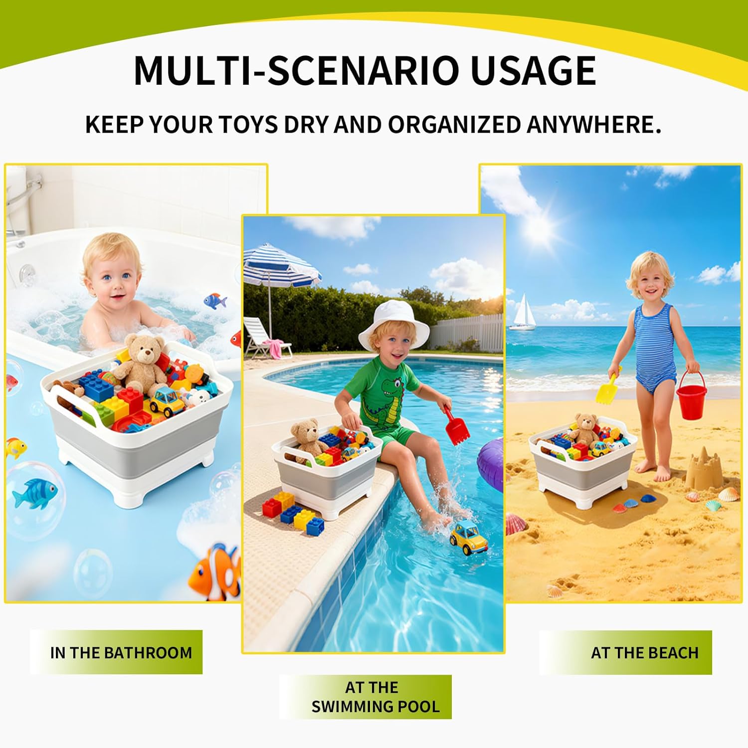 Bath Toy Storage Basket Bin: Collapsible Bathtub Toys Holder Bucket & Portable Bathroom Shower Caddy Organizer - Multiuse Foldable Wash Basin Sink with Drain Plug, Handle & Drying Mat for Dish Tub