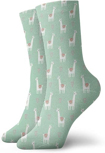 Llama Fashion Compression Socks,Cute Llama With Candy Cane Hearts Fun On Mint Green Background,Performance Polyester Cushioned Athletic Crew Socks for Running,Athletic,Mint Green Multicolor -12 inch