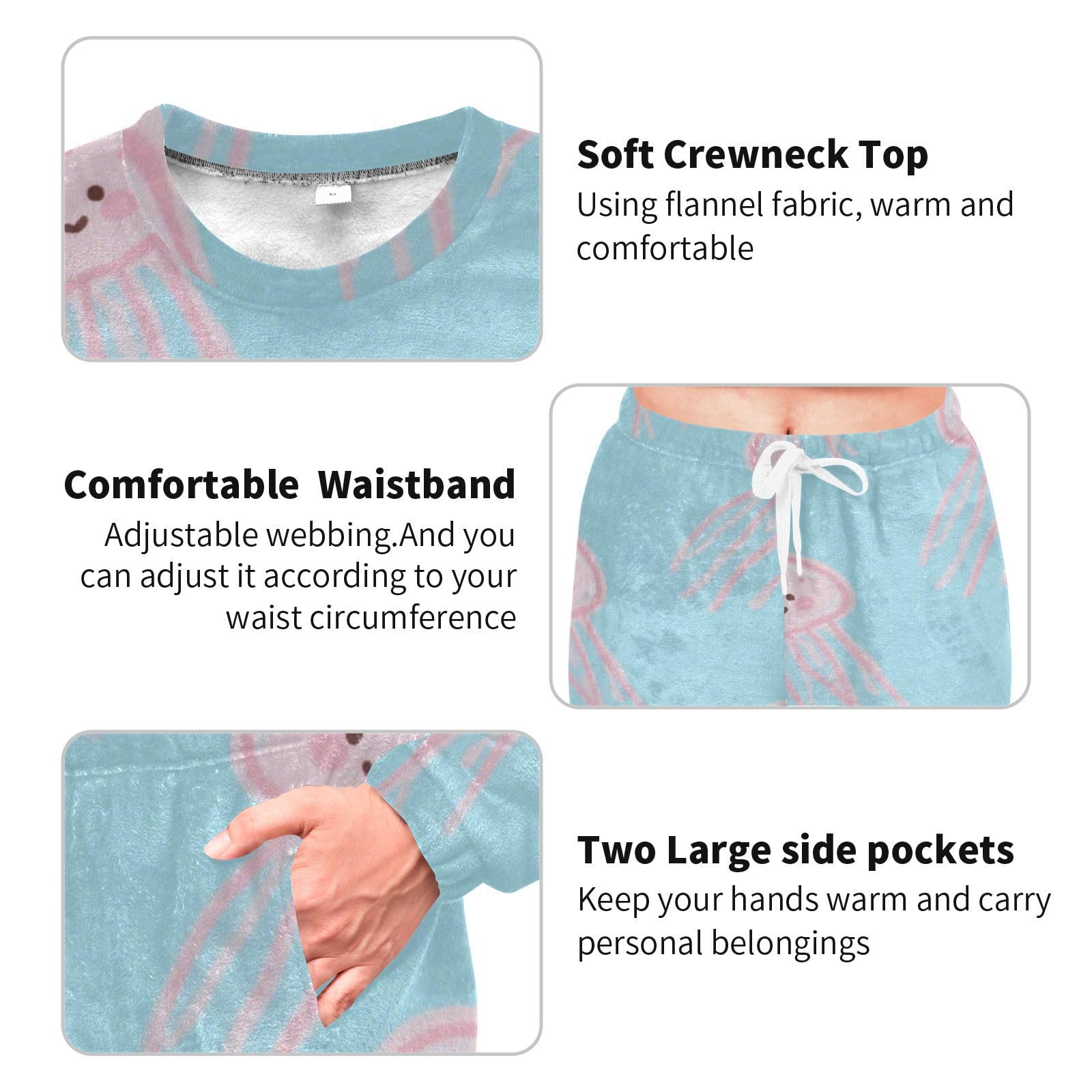 Pigiama da donna in pile a 2 pezzi con meduse blu e pantaloni a maniche lunghe