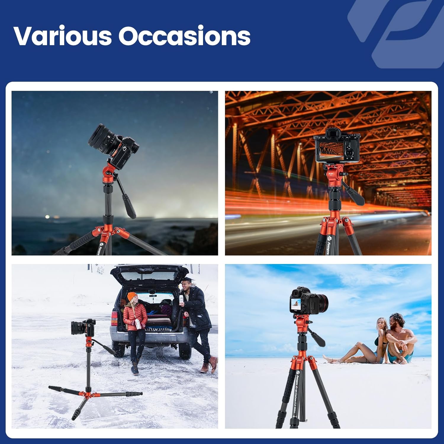 Fotopro 59" Carbon Fiber Travel Tripod, Compact Video Tripods with Fluid Head, Detachable Monopod with Arca-Swiss Quick Release Plate and Bag, Camera Tripod Load up to 8KG/17.63lbs, Orange