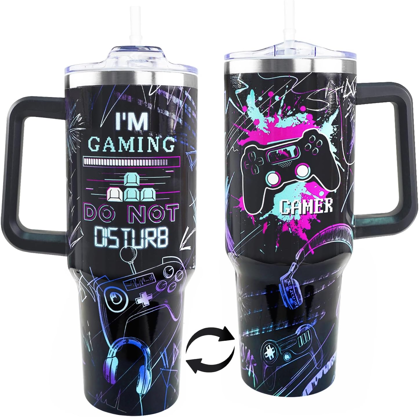 Gamer Gifts, 40 Oz Gaming Tumbler with Handle and Straw Gamer Cup Coffee Mug Tumbler for Men, Cool Gaming Accessories Stuff, Unique Valentines Gifts for Gamers Men Boys Gaming Gifts for Men Teen Boys