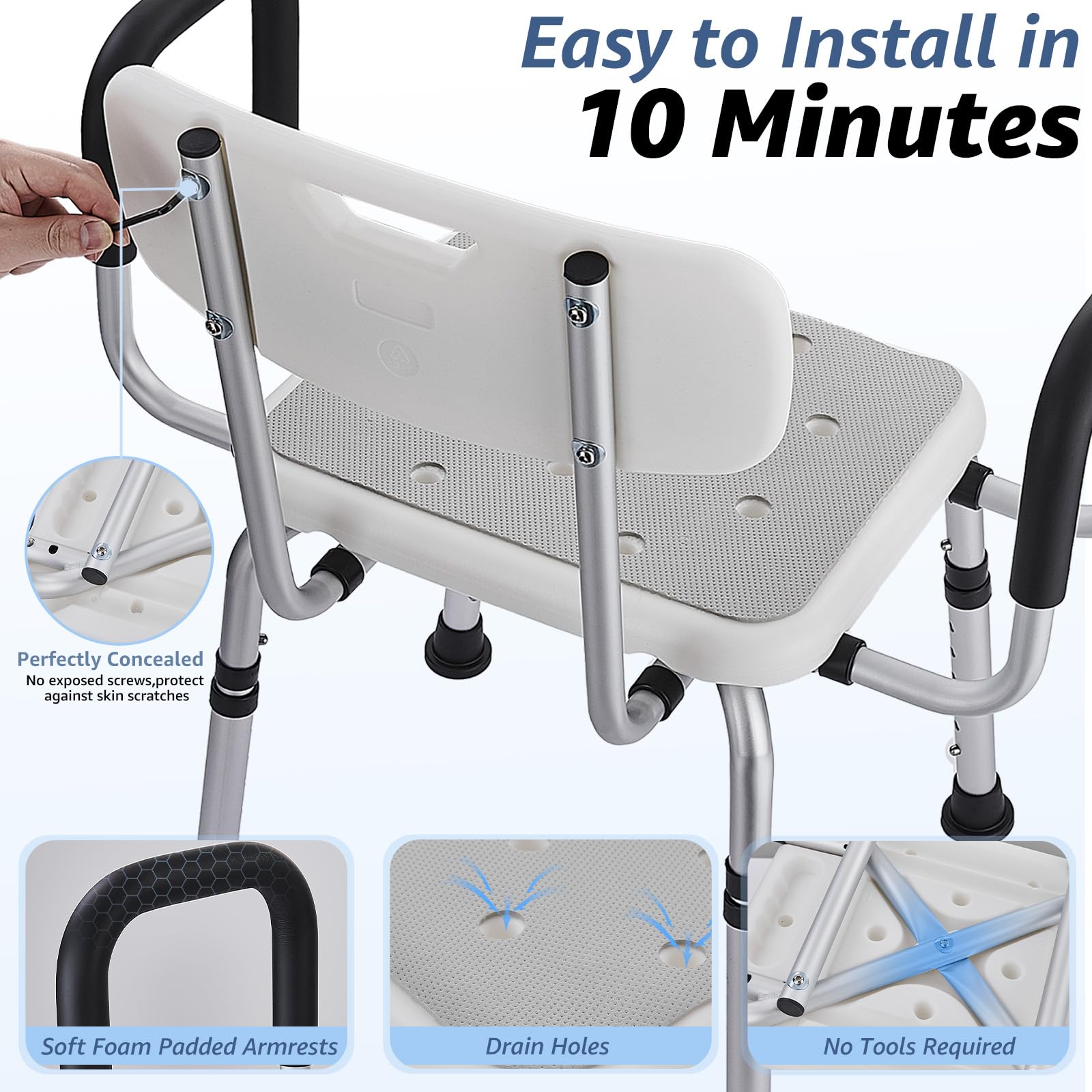 Silla de ducha para ancianos, taburete de ducha resistente con 2 ajustes de brazos extra anchos y respaldo, asiento de ducha bariátrico de seguridad antideslizante de 330 libras, altura