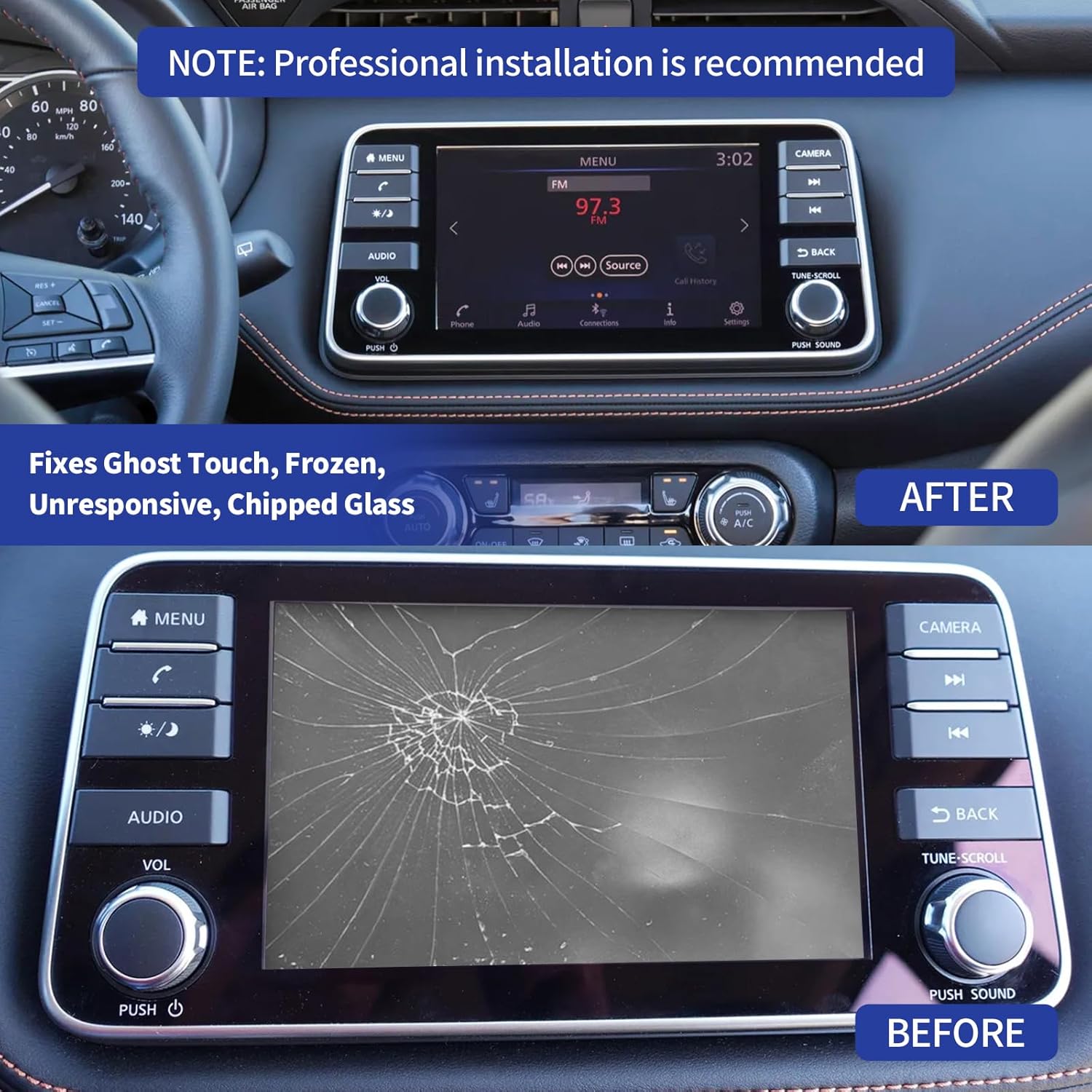 Before and after comparison of a cracked car radio screen, showing the replacement screen installed and functional.