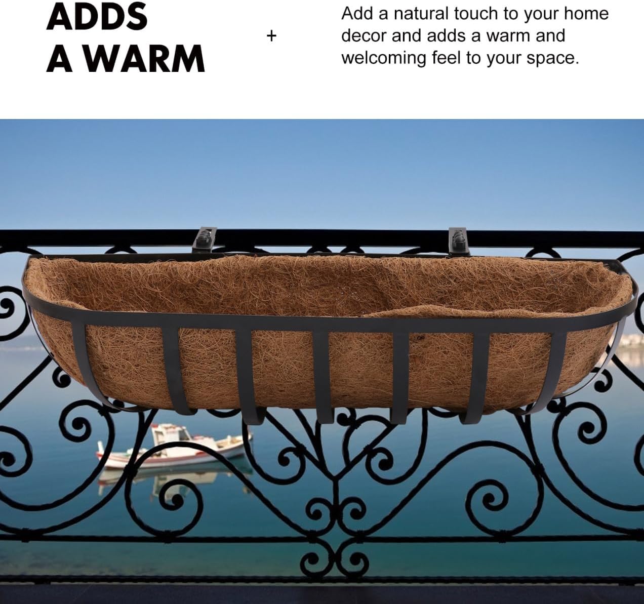 HOMSFOU 24-inch Half-Round Coconut Palm Hanging Basket Wall-Mounted Iron Flowerpot Holder for Balcony and Outdoor Garden Planters