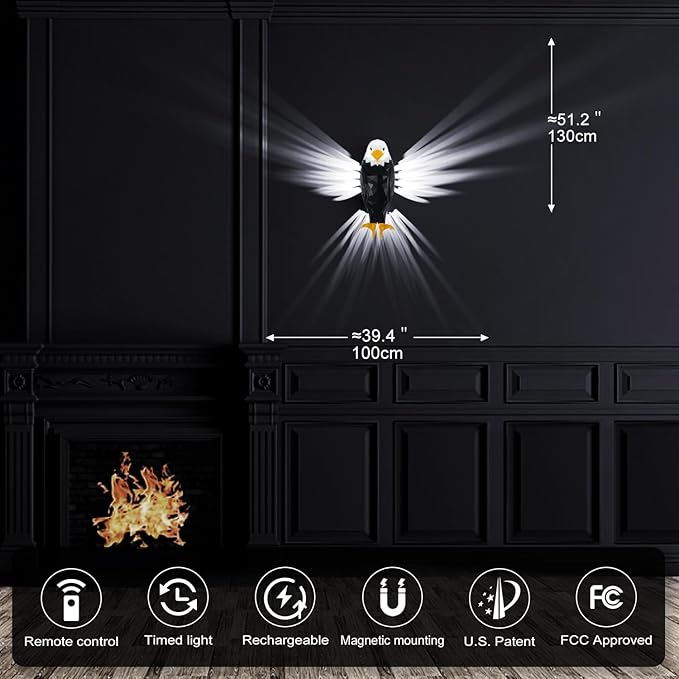 Chamese Amerikaanse adelaar wandlamp met afstandsbediening, magnetische wandlamp, voor slaapkamer, woonkamer, hal, werkt op batterijen en afneembaar oplaadadelaarslicht photo 3