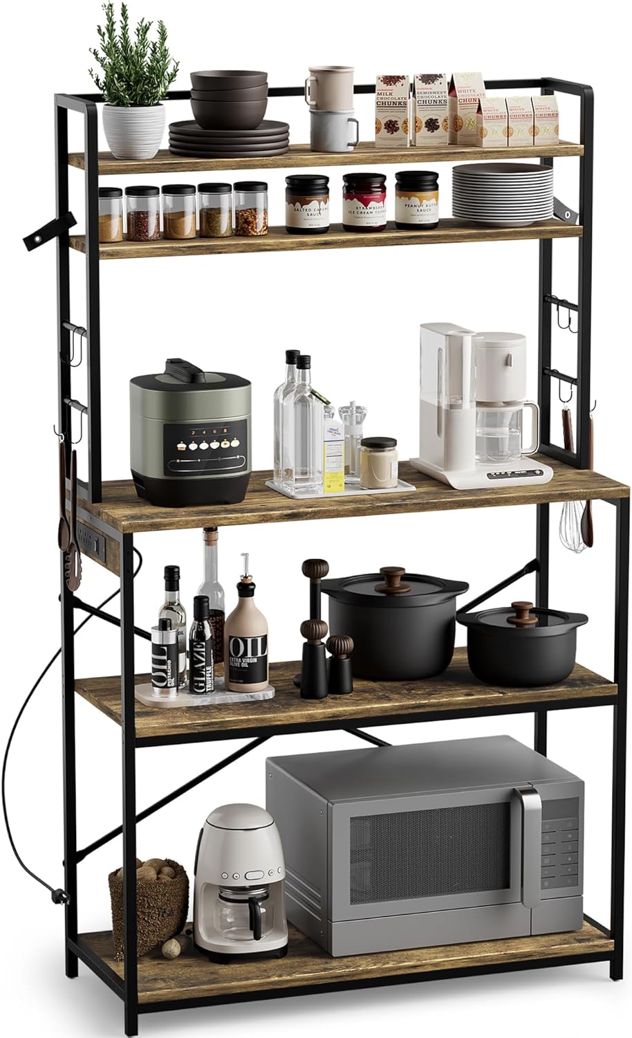 JUMMICO Backers Rack with Power Outlet, 39.4" W Kitchen Microwave Stand with 8 S-Shaped Hooks, 5 Tiers Coffee Bar Station Storage Shelf for Spices, Pots, Rustic Brown