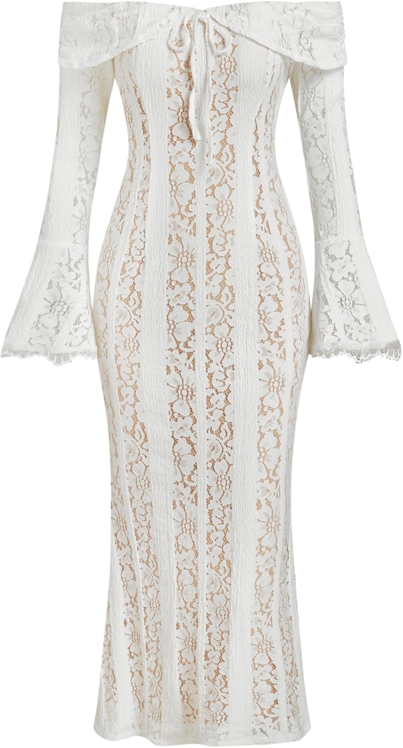 CIDER Wedding Guest Dress Lace Floral Long Sleeve Off Shoulder High Waist Knotted Maxi Formal Dress