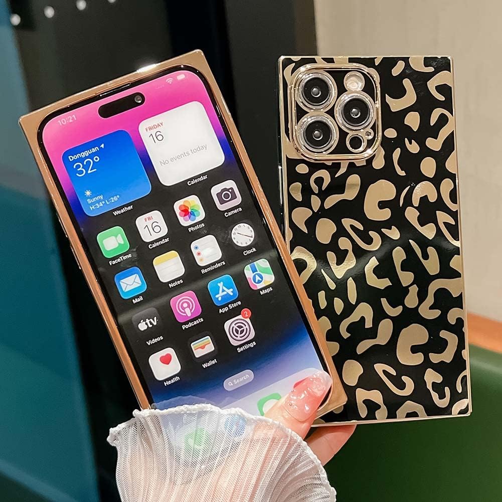 KERZZIL Elegant Compatible with iPhone 16 Pro Max Rectangle Edge Case, Cute Luxury Leopard Pattern Plating Case Camera Protector Soft TPU Shockproof Protective Corner Back Cover(Black) - Image 5