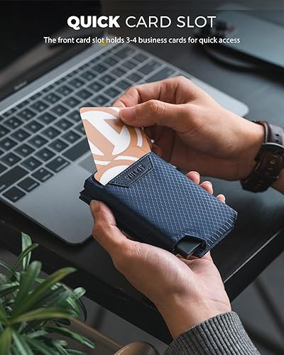 Miniatura 2 de VULKIT Tarjetero desplegable plegable con compartimento para dinero, estuche para tarjetas de visita minimalista con bolsillo frontal, marino