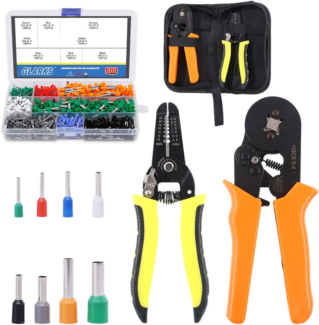 Glarks Ferrule Crimping Tool Kit, Ferrule Wire Terminal Block Crimper Plier with 800pcs Wire Ferrule Terminals Kit Insulated 0.25-6.0mm², AWG 23-10 and A 10-22 AWG Wire Stripper for Wiring Projects
