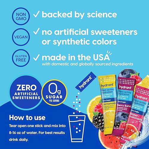 Miniatura 4 de Hydrant Hydrate Zero Sugar, paquetes individuales de electrolitos en polvo de hidratación con cero azúcar y electrolitos para una hidratación rápida