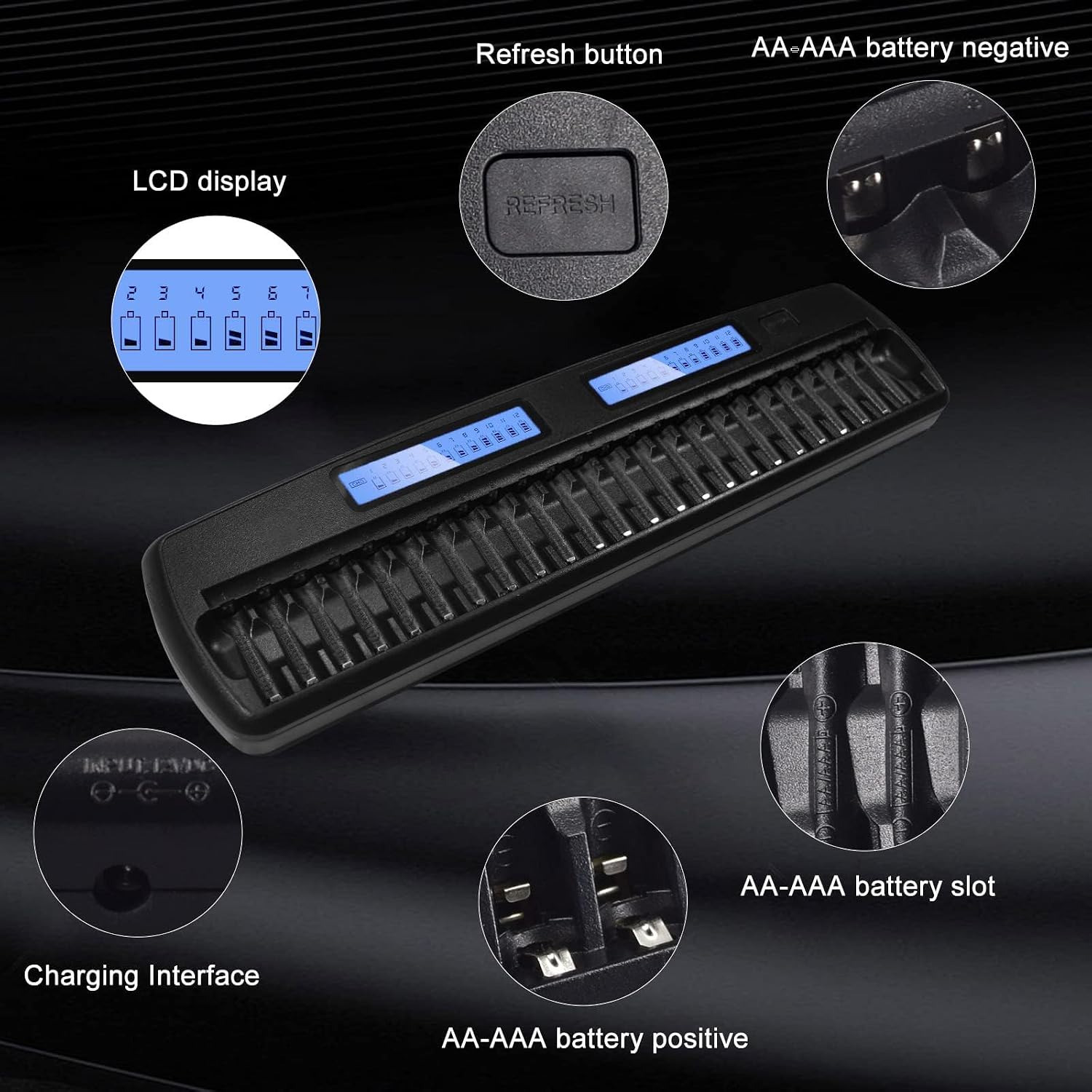 24 Slot LCD Smart Battery Charger for AA/AAA NiMH/NiCd Rechargeable Batteries Multiple Intelligent Battery Charger with AC Wall Adapter