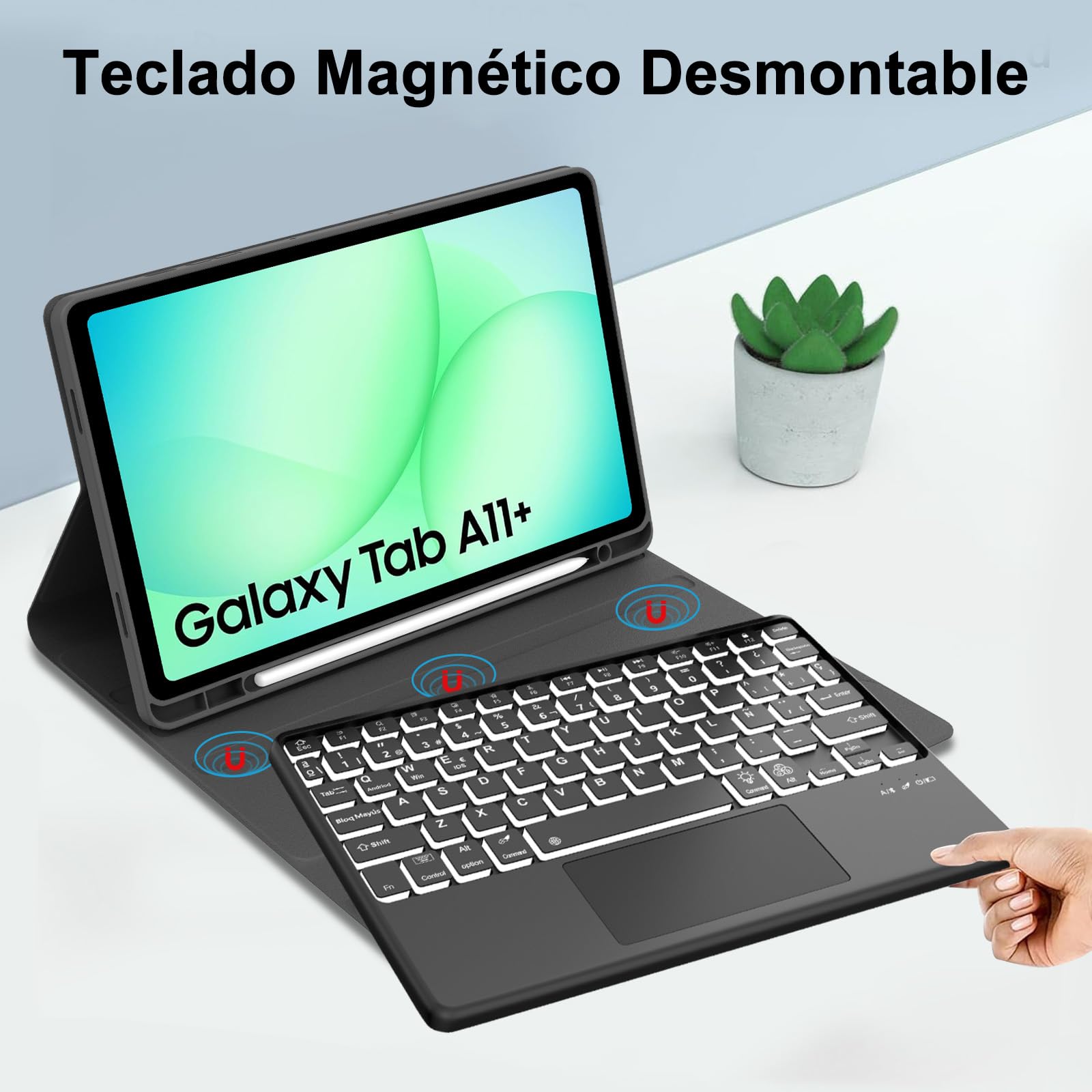 FOGARI Teclado con Touchpad para Samsung Tab A11+/A11 Plus 11" 2025 | Español Ñ Teclado Retroiluminado Magnético Desmontable Bluetooth con Trackpad para Samsung Galaxy Tab A11+ Plus 11", Negro