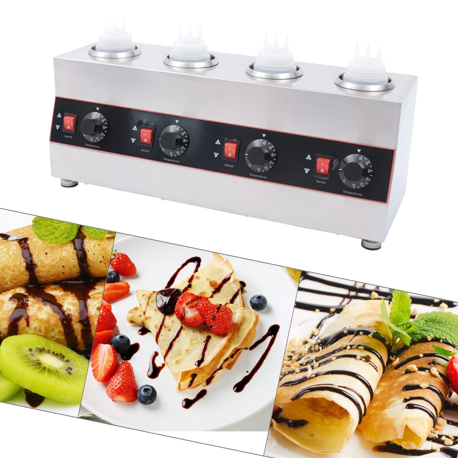 Calentador Eléctrico de Salsas Comercial 4 Botellas 650ml Acero Inoxidable Control Temperatura 30-85°C Independiente para Restaurante Cafetería Snack Bar