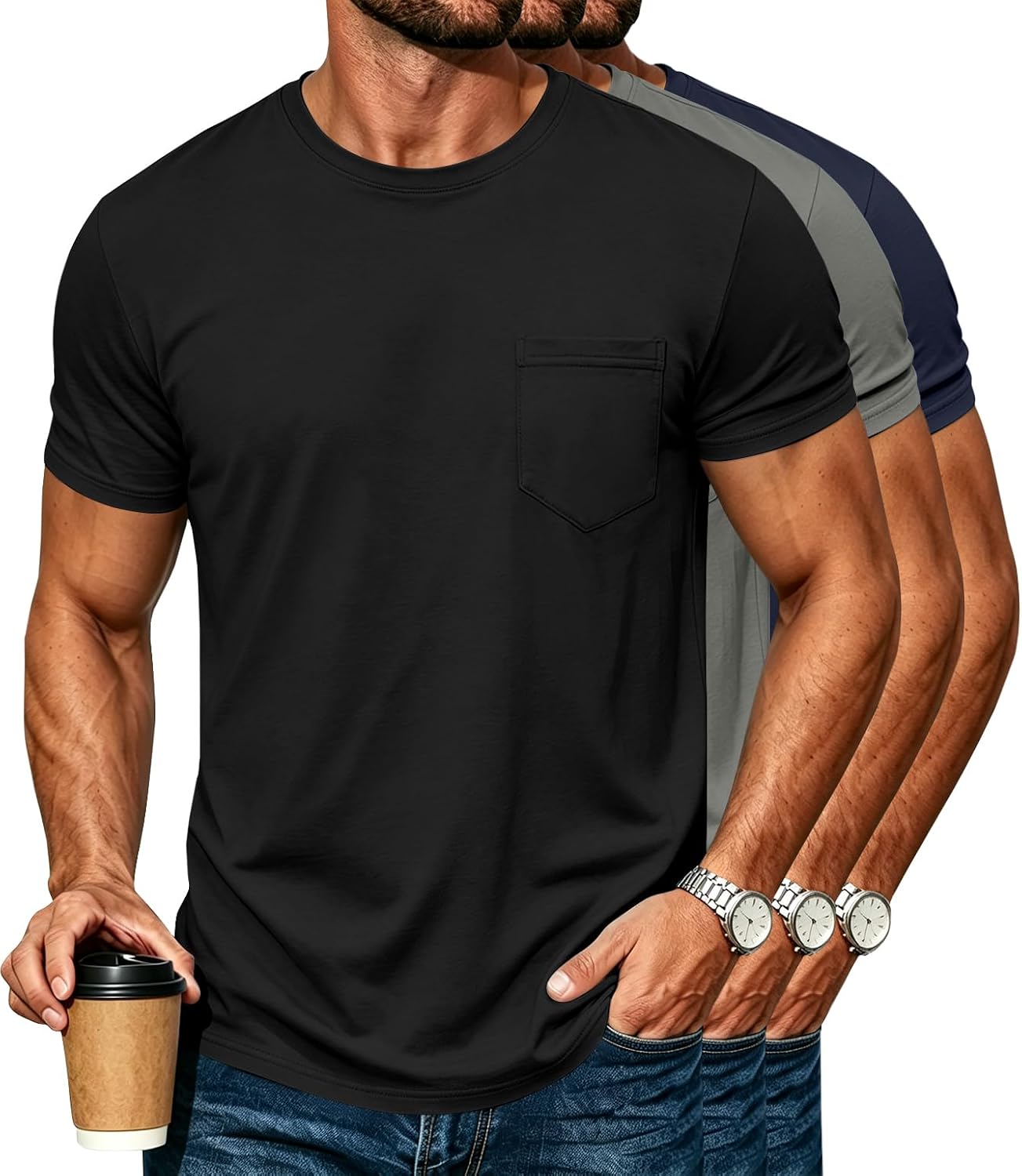 3 Pack Mens Cotton T Shirts Short Sleeve Crewneck Shirts for Men Pocket Tshirts Casual Lightweight Summer Basic Tees