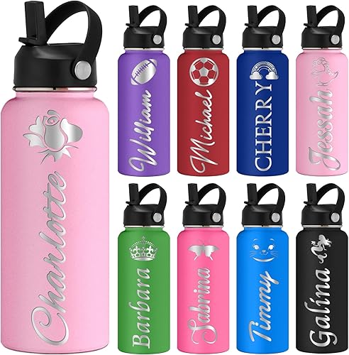 Miniatura 10 de Botellas de agua personalizadas con tapa de pajilla, botella de agua de acero inoxidable personalizada de 3240 onzas con nombres grabados,