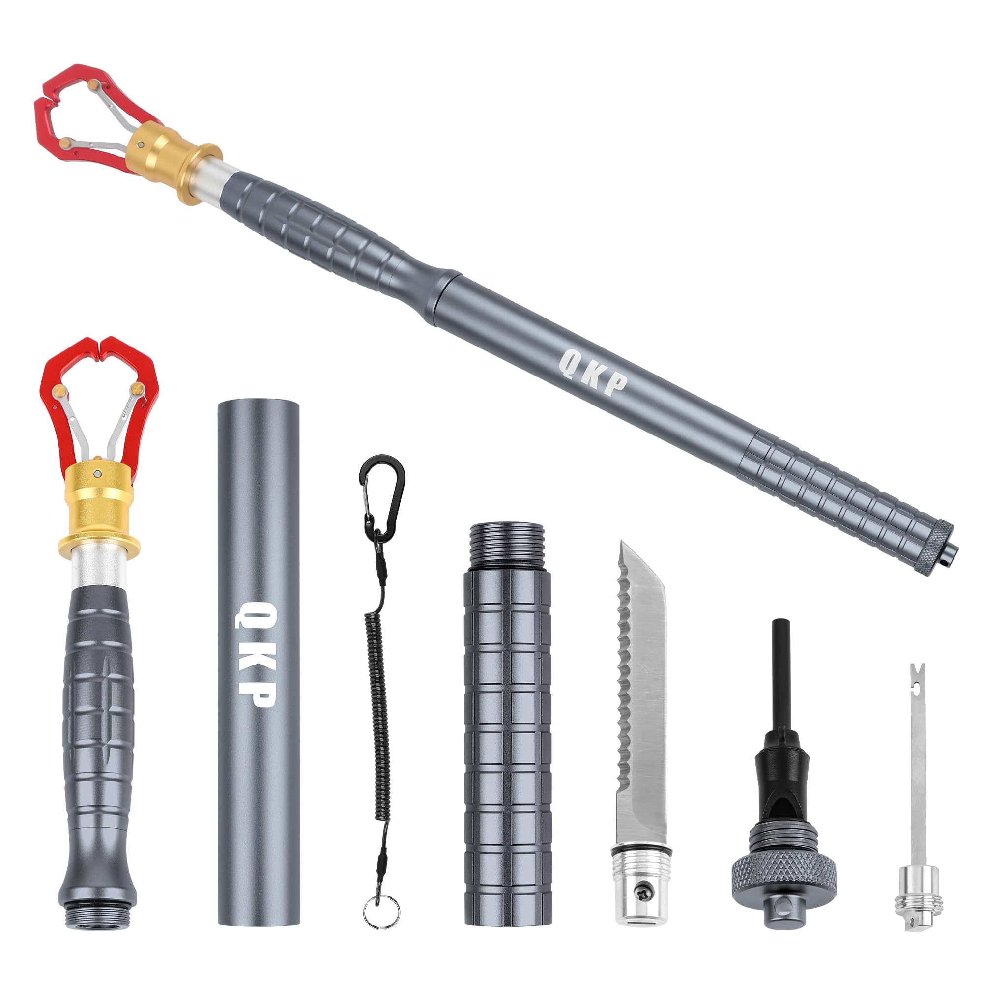 6-in-1 Fischgreifer, Angelgreifer, Welsmundzange mit Filetiermesser, Hakenentferner, Schlüsselband, Pfeife, Feuerstarter