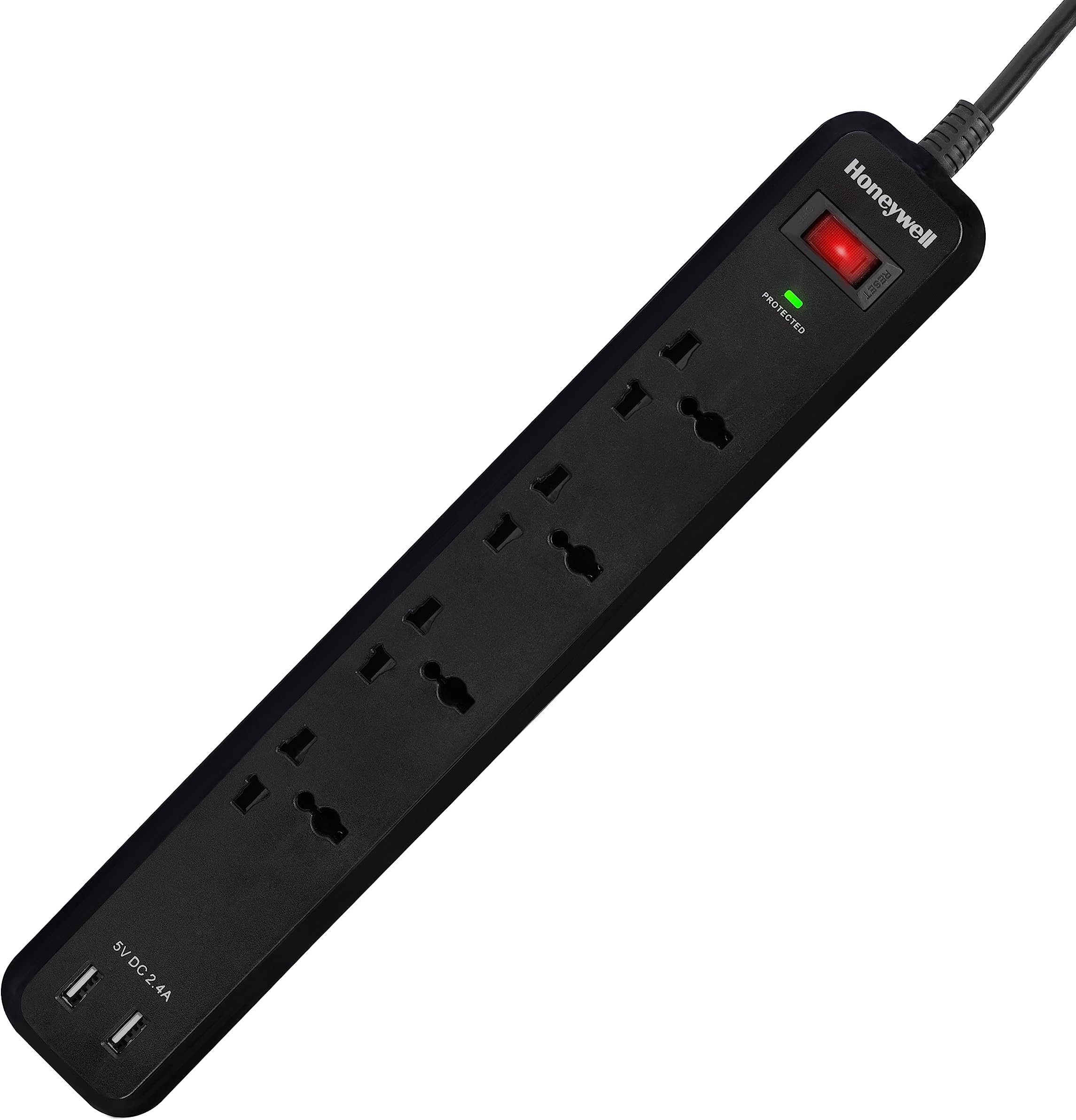 Surge Protector, 4 Universal Sockets, 2USB Ports, 2Meter,15000Amp,Device Secure Warranty,Auto Overload Protection,Spike Guard/Extension Board,Master Switch,3 Year Manufacturer Warranty-Black