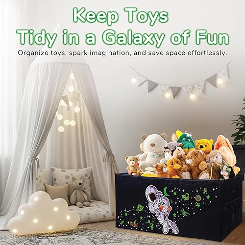 Vista 8 de Organizador de almacenamiento de juguetes extragrande para sala de estar con tapas, que brilla en la oscuridad, 40 x 14 x 16 pulgadas, plegable