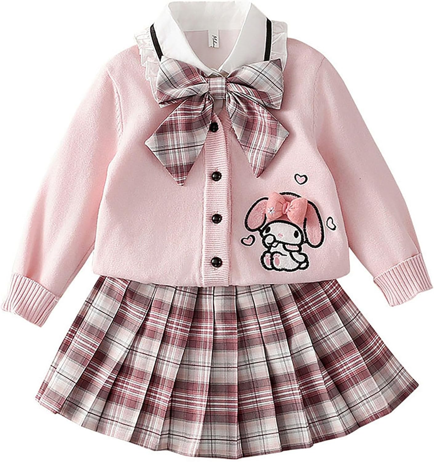 Cartoon Girls' JK School Uniform Set Cardigan Sweater + Plaid Pleated Mini Skirt + Long Sleeve Blouse with Bow Tie