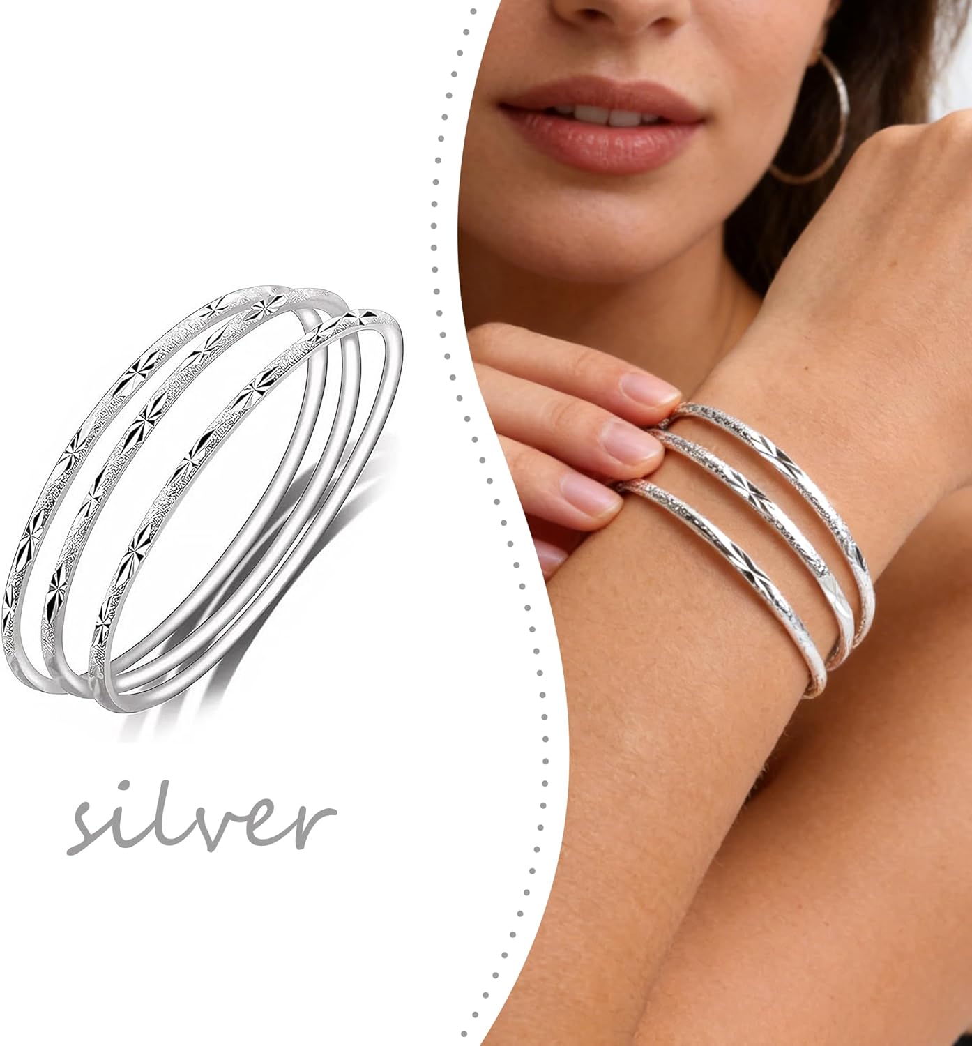 Dainty Silver Bangle Bracelet Set for Women, 3Pcs Trendy Simple Stainless Steel Stackable Hypoallergenic Cuff Bracelet Fashion Party Jewelry Gift - Image 5