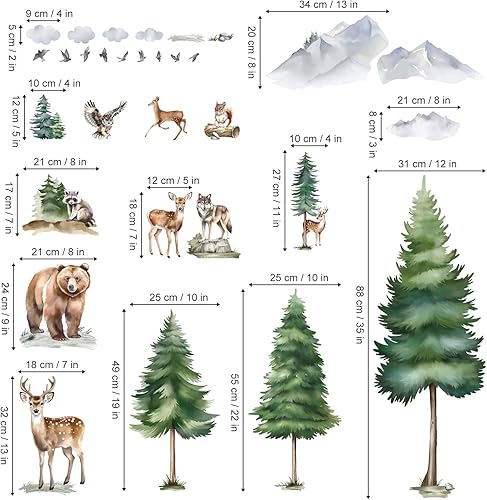 Miniatura 10 de wondever Calcomanías de pared de árbol de montaña, pino grande, bosque, oso, zorro, calcomanías de arte de pared para habitación de los niños,