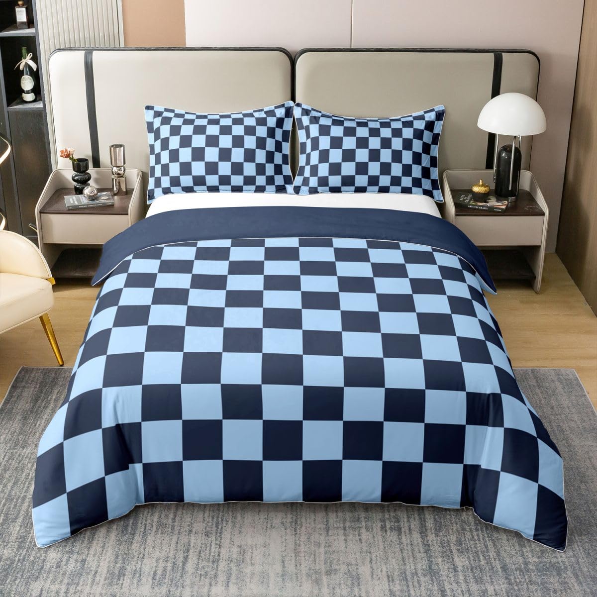 Homemissing Retro Blau Kariert Bettwäsche Set 200x200cm Erwachsene Kinder