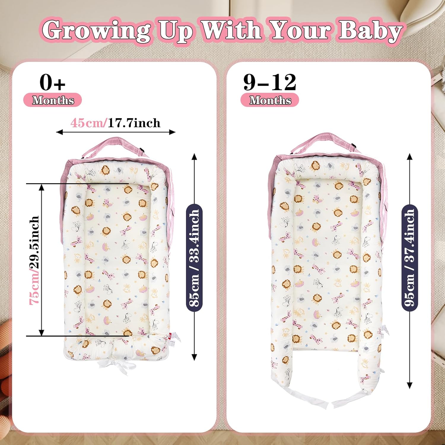 Baby Lounger for Newborn-Portable Baby Lounger 0-24 Months for Home and Travel,Newborn Loungers with Strap, Baby Nest Lounger Adjustable Size,Animal World Pink