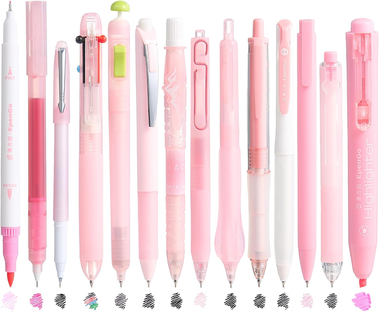 14Pcs Cute Pink Gel Pens & Highlighter Set, Black Ink Journal Pens