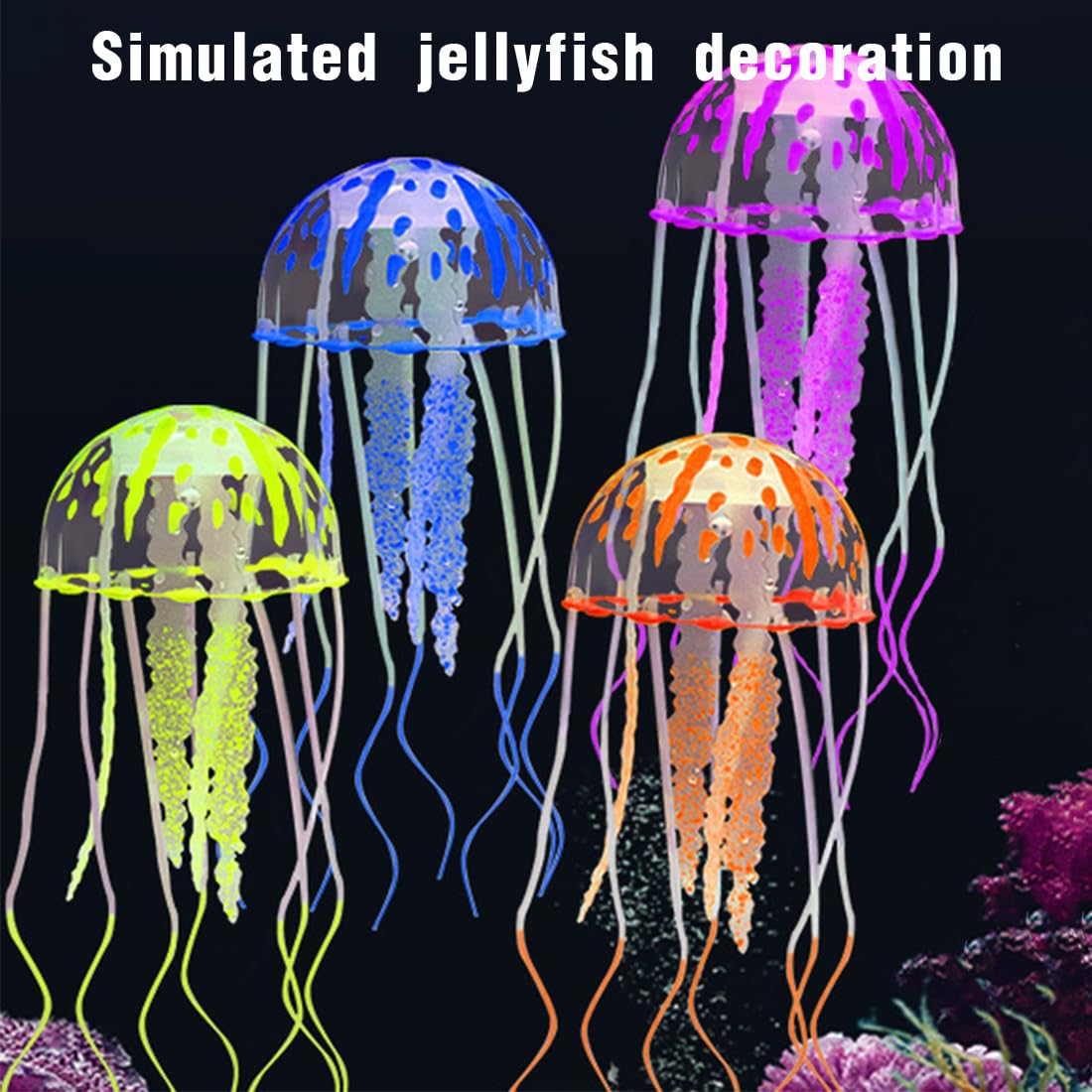 Ensemble de 4 Méduses Artificielles Lumineuses pour Aquarium, en Silicone Fluorescent - Accessoires de Décoration pour Aquariums et Aquariums d'eau de Mer.