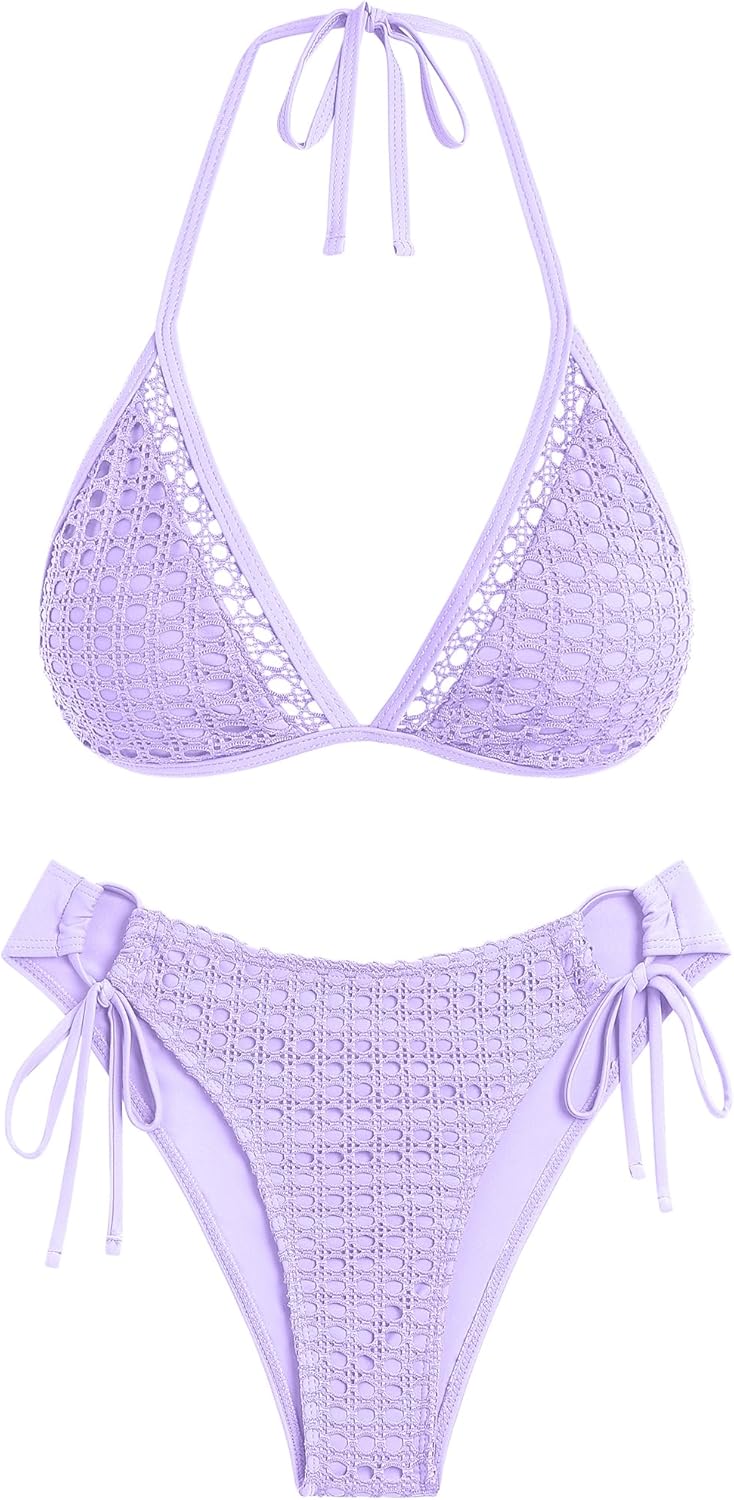 ZAFUL Women's Halter Triangle Bikini Set Crochet Boho Floral Swimsuit Cut Out Tie Side Two Piece Bathing Suit