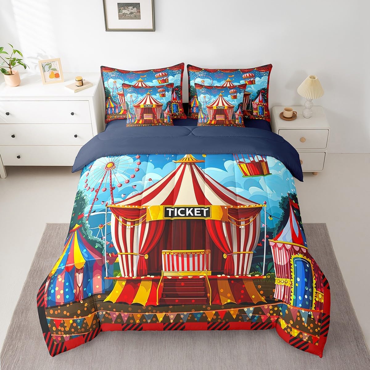 Erosebridal Cartoon Circus 7 Piece Comforter Set Queen Happy Holiday Bedding for Kids Boys Girls Funny Ferris Wheel Sheet Set Bed in A Bag Funny Festival Bedroom Decor Sky Clouds Bed Set