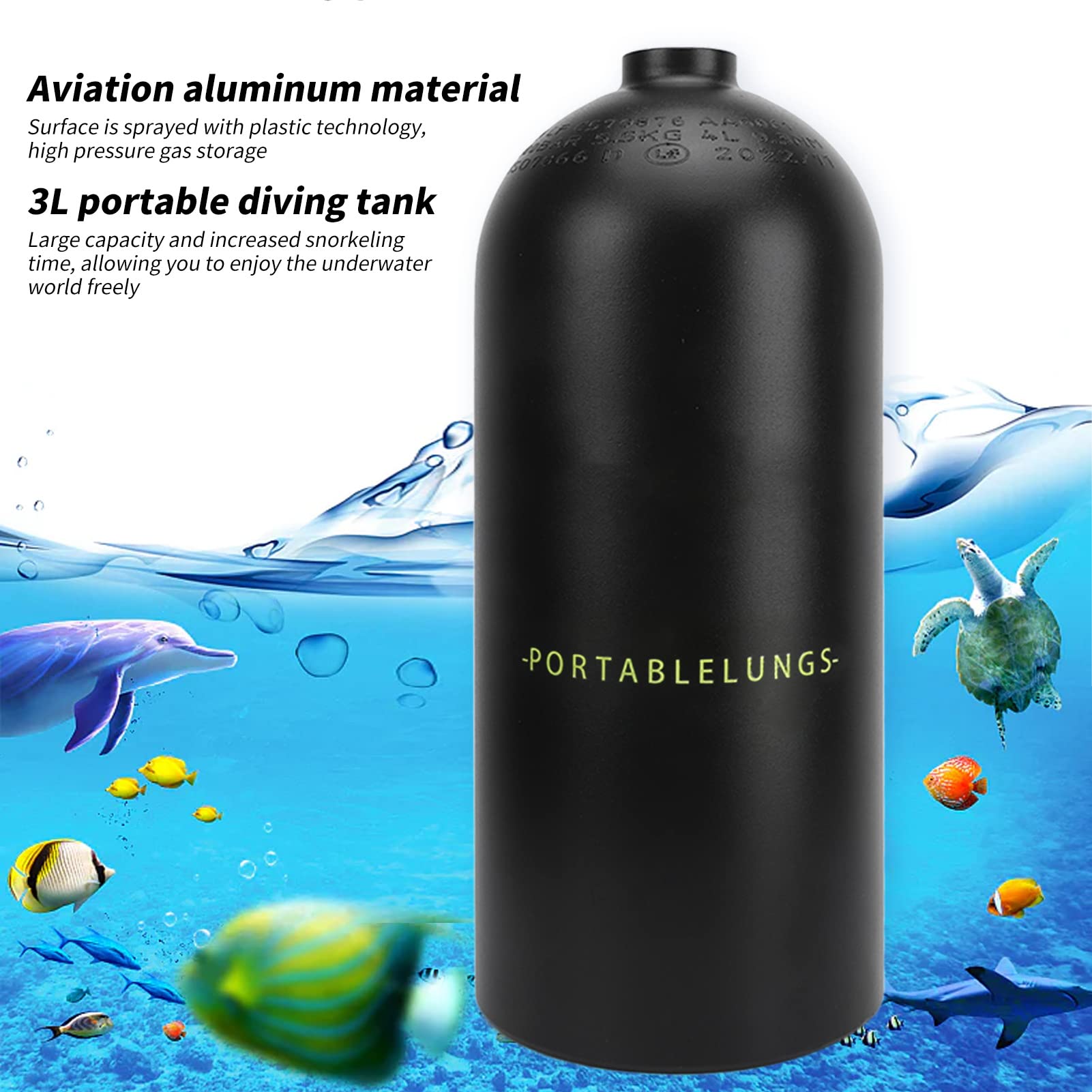 Small Oxygen, Snorkeling Equipment 3L Diving Aviation Aluminum High Pressure Gas Storage for Backup Air Source (Black)